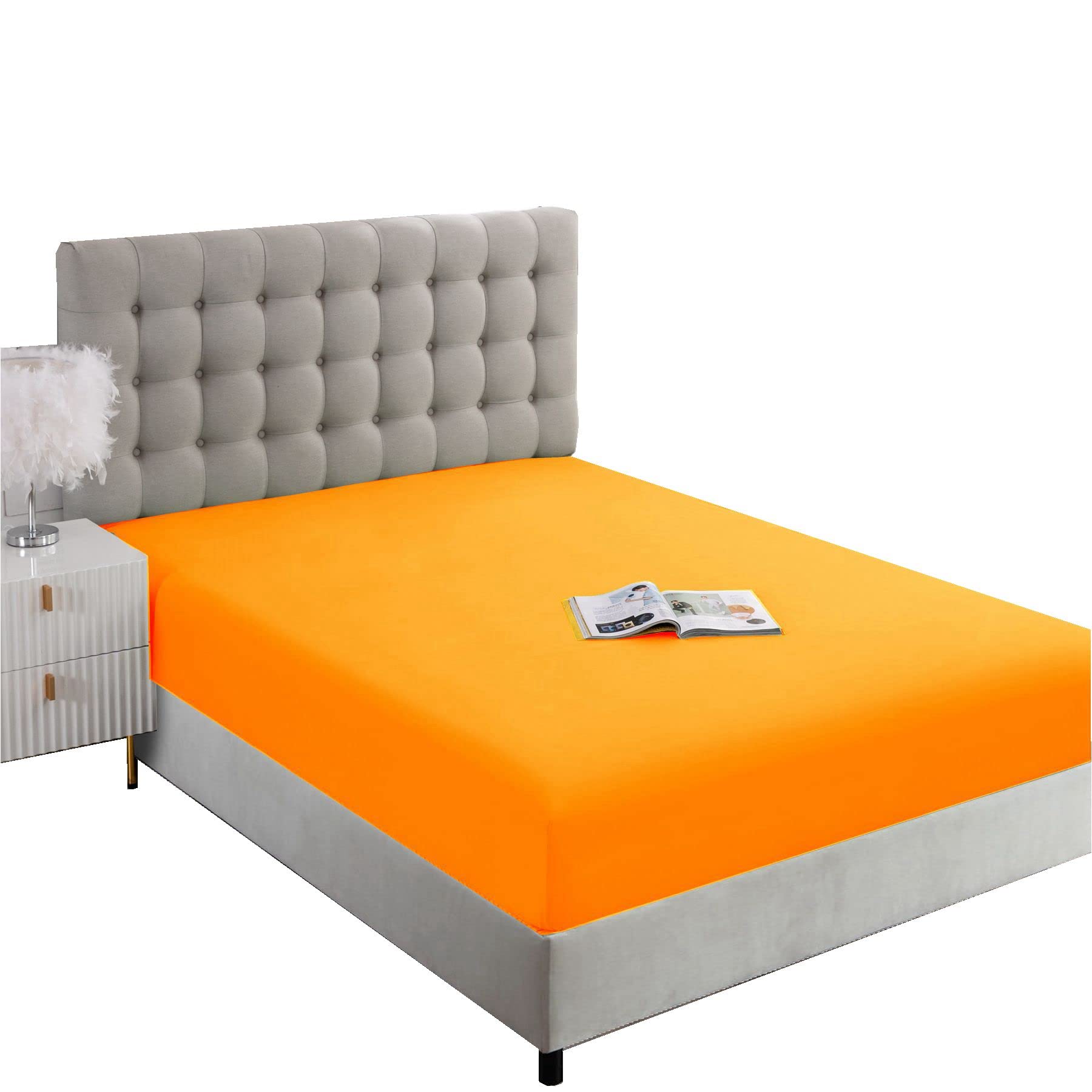 Ghooss Fitted Sheet Queen Size,Soft Microfiber Orange Fitted Bottom Sheet Only Deep Pocket Up To 14 Inch,1 Pack,Orange,Queen